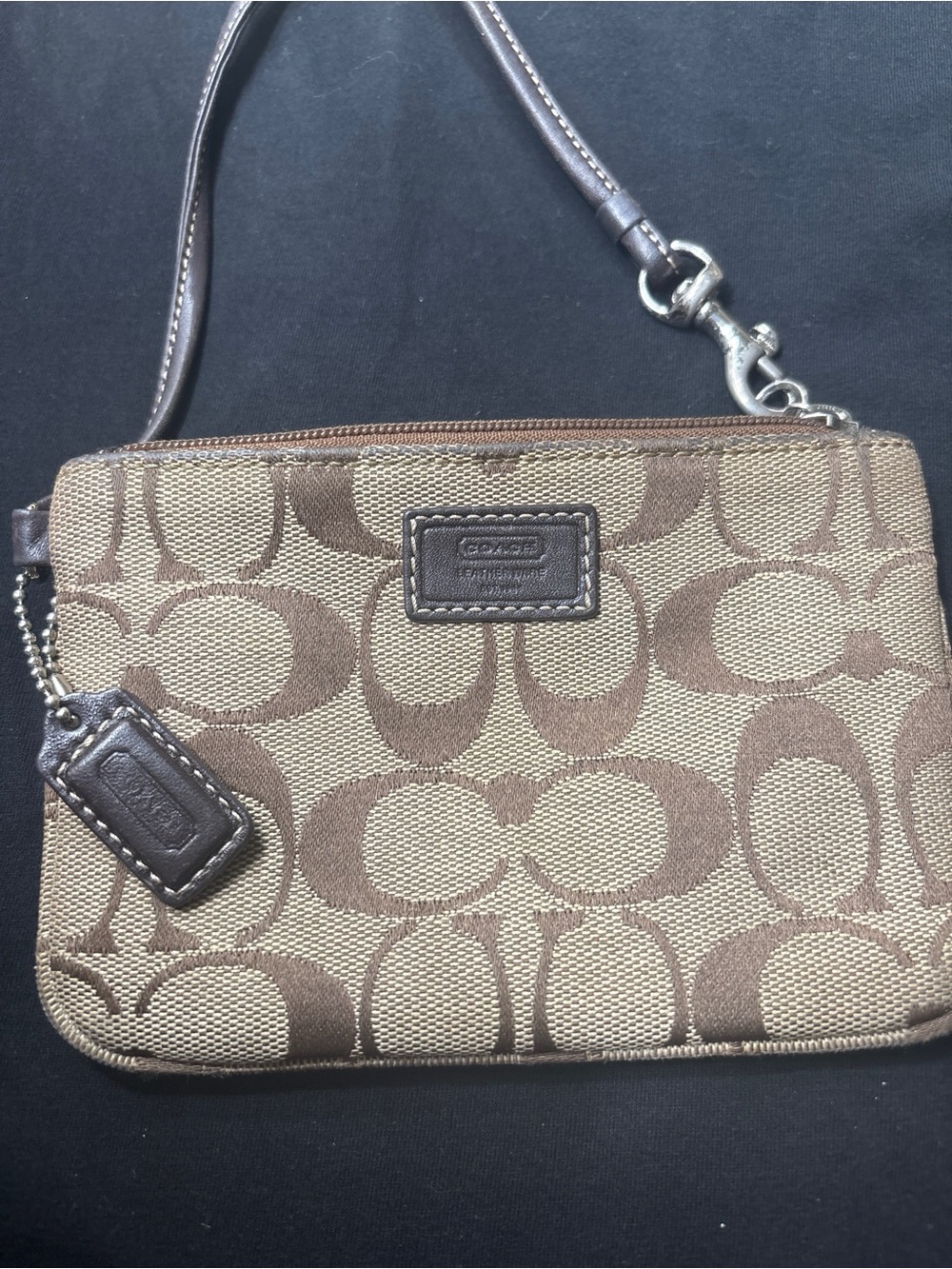 Coach Brown and Beige Signature Canvas Wristlet with Leather Trim
